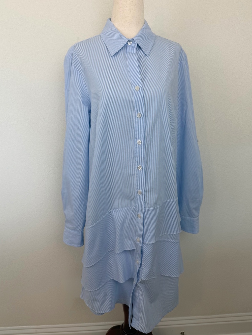 Finley Jenna Striped Cotton Chambray Ruffle Shirtdress Womens Blue White - Picture 5 of 16